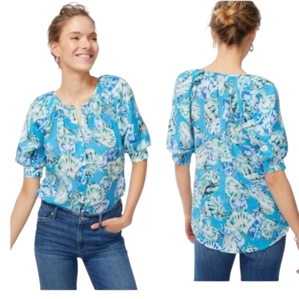 Chicos Blue Tropical Shell Print Puff Sleeve Ramie Blouse Top Sz 10 Coastal Boho